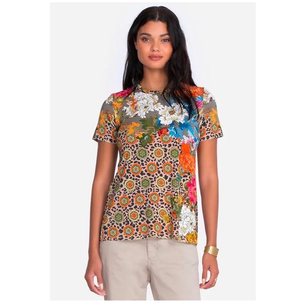 Johnny Was Taylor Leopard Print Tee M mixed media floral vibrant boho colorful